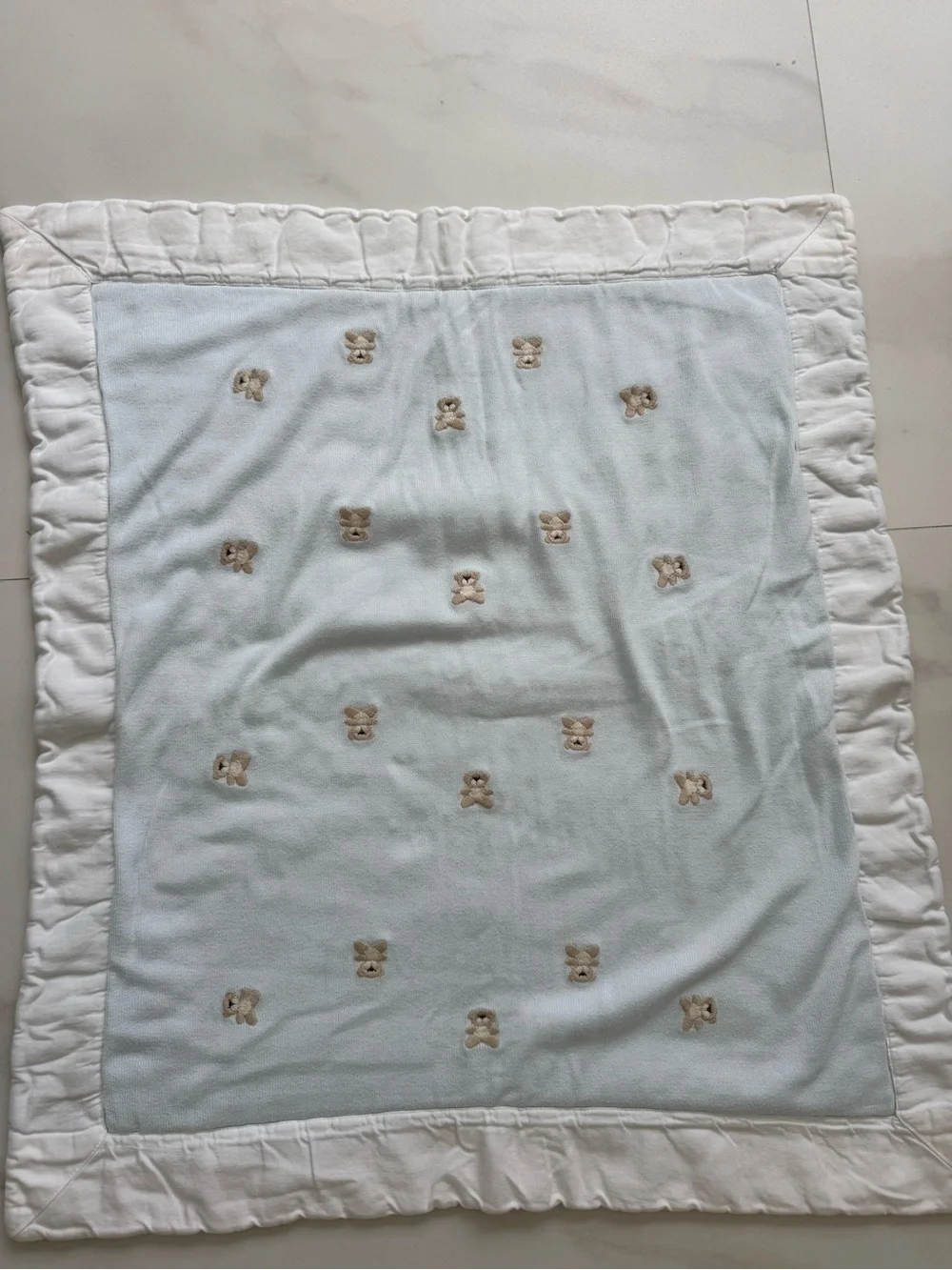 Neiman Marcus Light Blue & White Teddy Embroidered Baby Blanket 23x27 inches